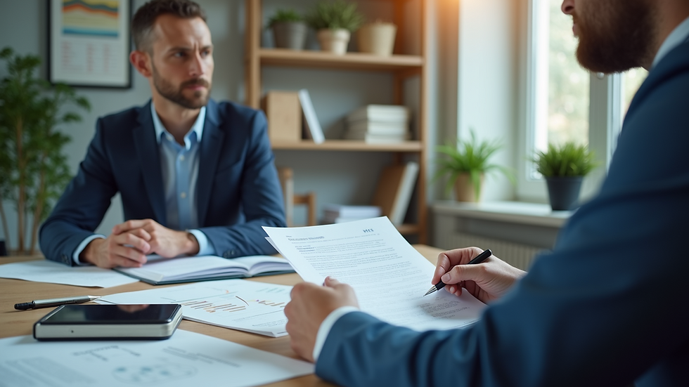 Eye-level view of a business consultant explaining documents to a client