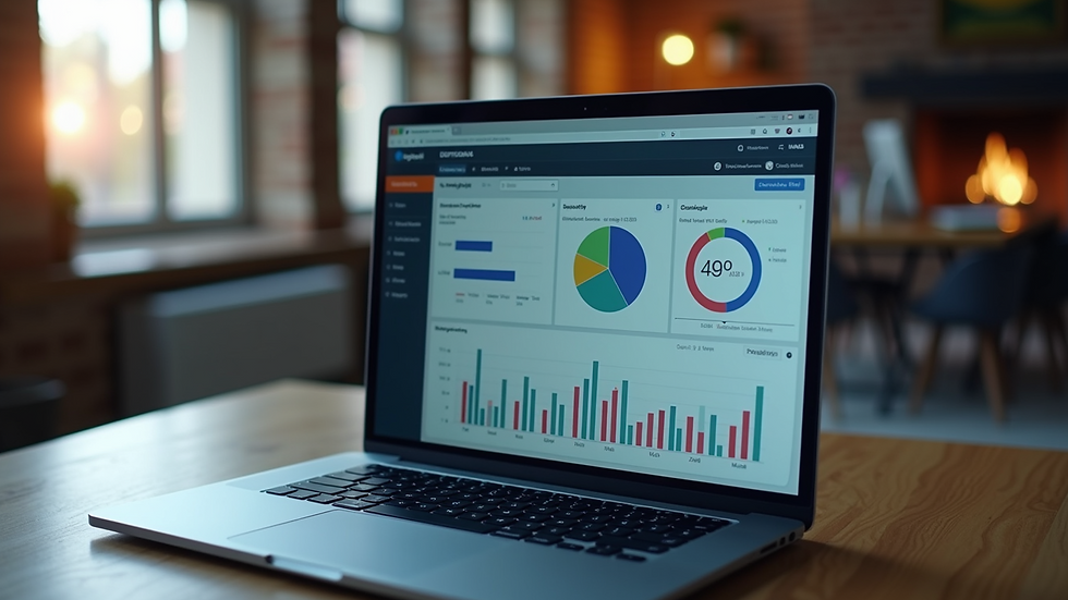 High angle view of a laptop screen displaying compliance software dashboard
