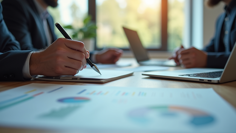 Close-up view of a business meeting with charts and laptops