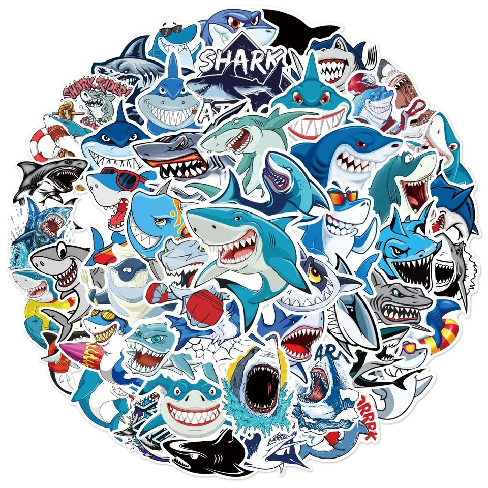 Thumbnail: 50 Pack Vinyl Cartoon Shark Stickers