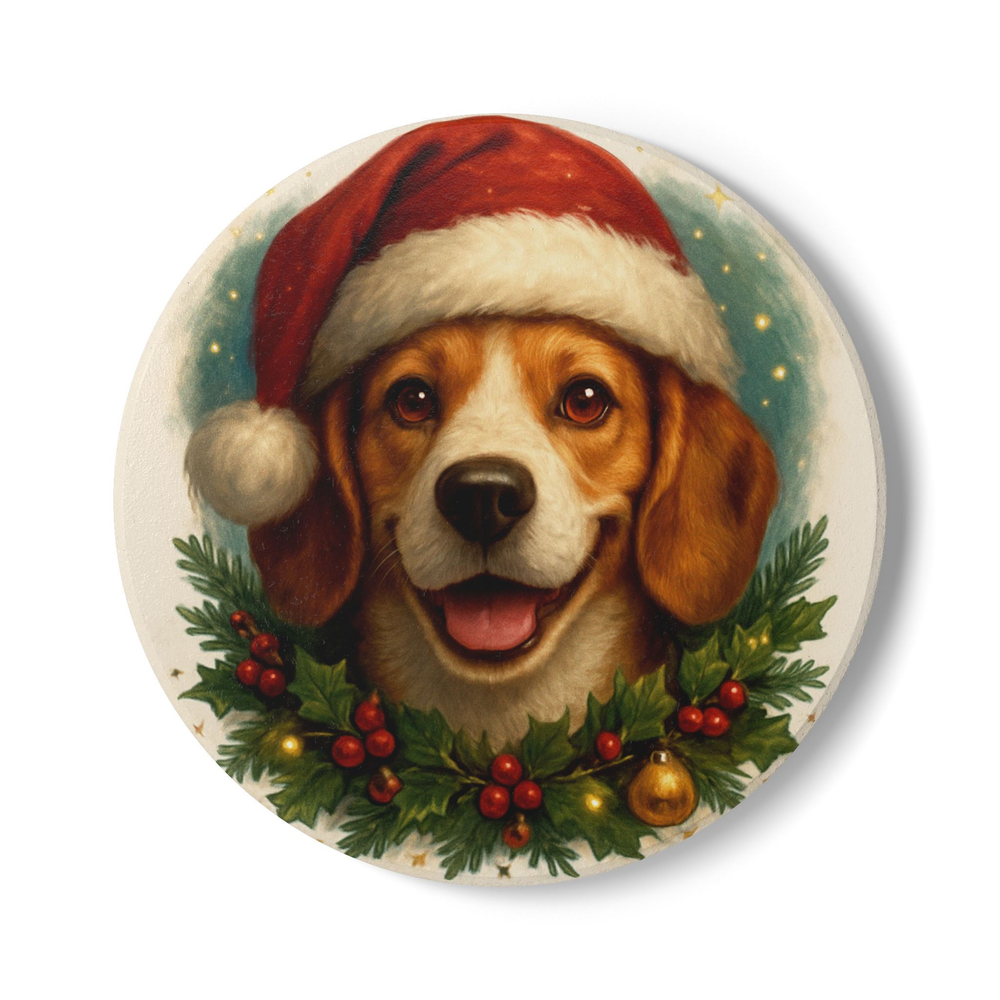 Beagle in Christmas Hat Ceramic Coaster, Pet Lovers Gift