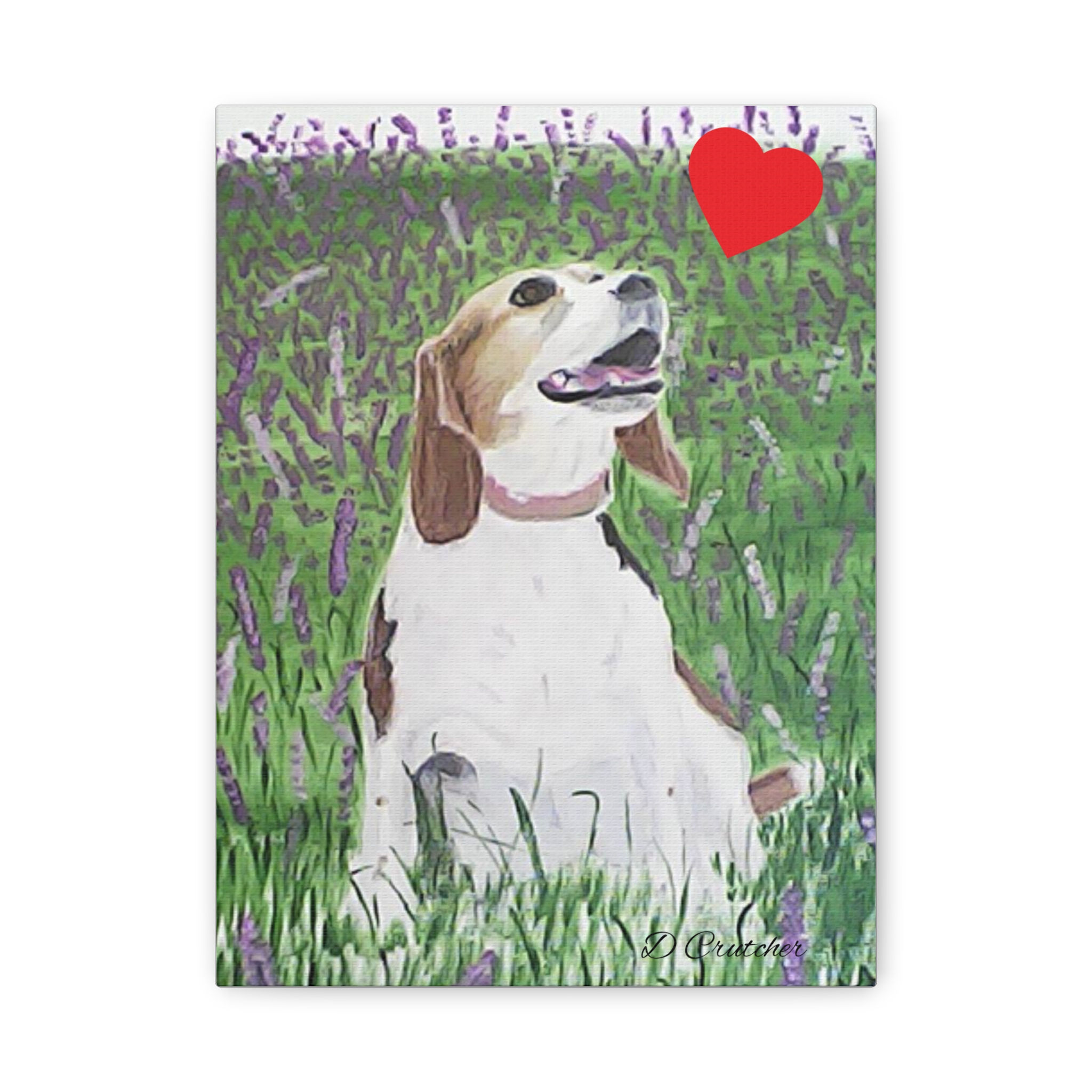 Beagle in Lavender Field Canvas — Dog Wall Art with Red Heart