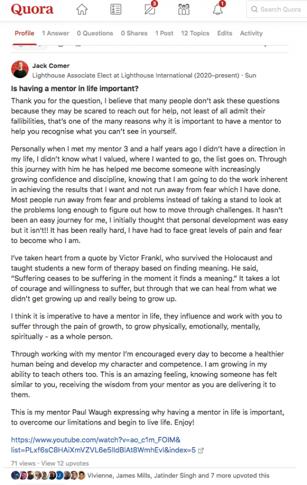 Jack answering Quora question: Why is having a mentor in life important?
