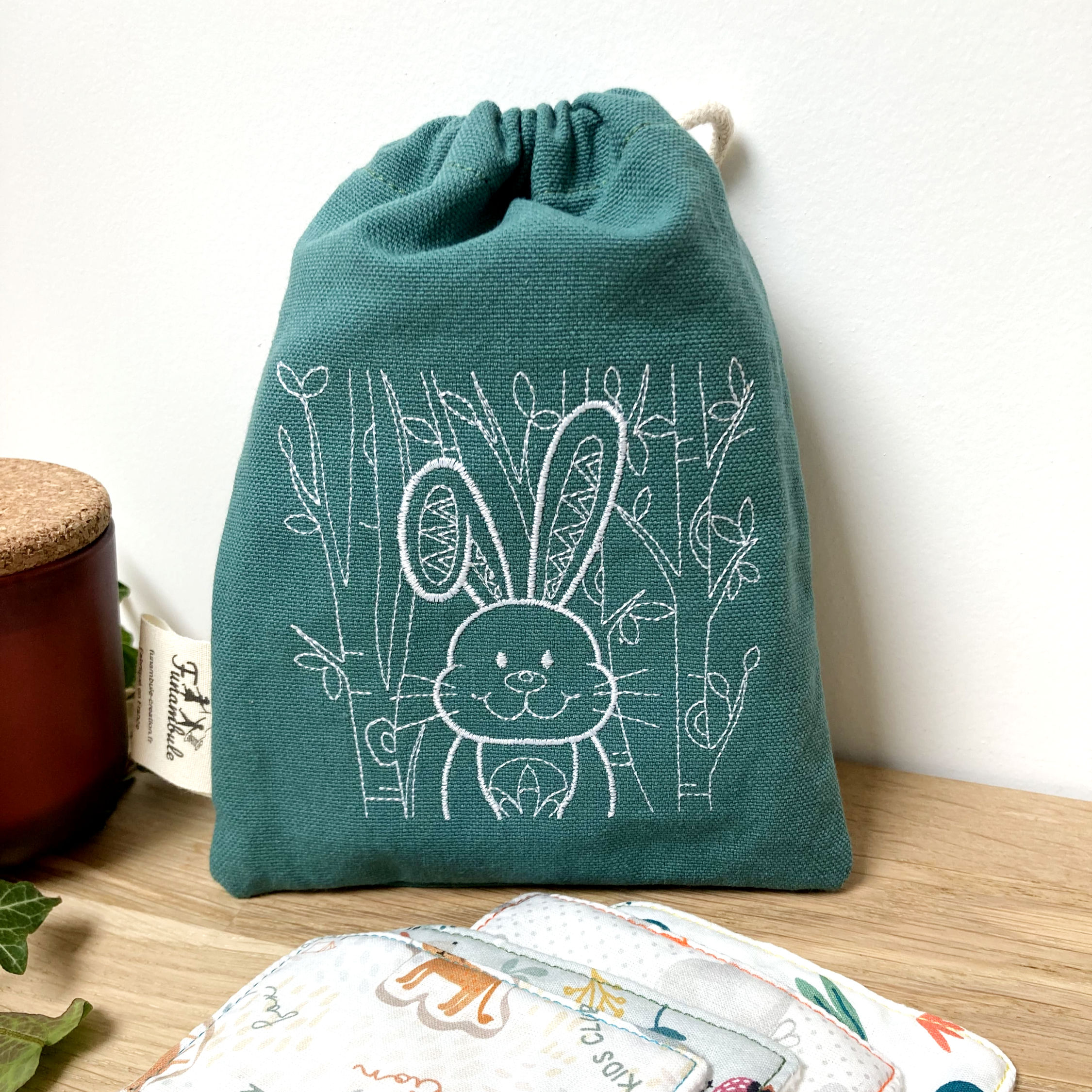 Pochon "P'tit lapin" et ses lingettes lavables / Vert