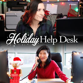 Holiday Help Desk poster with two images vertically placed with two women smiling