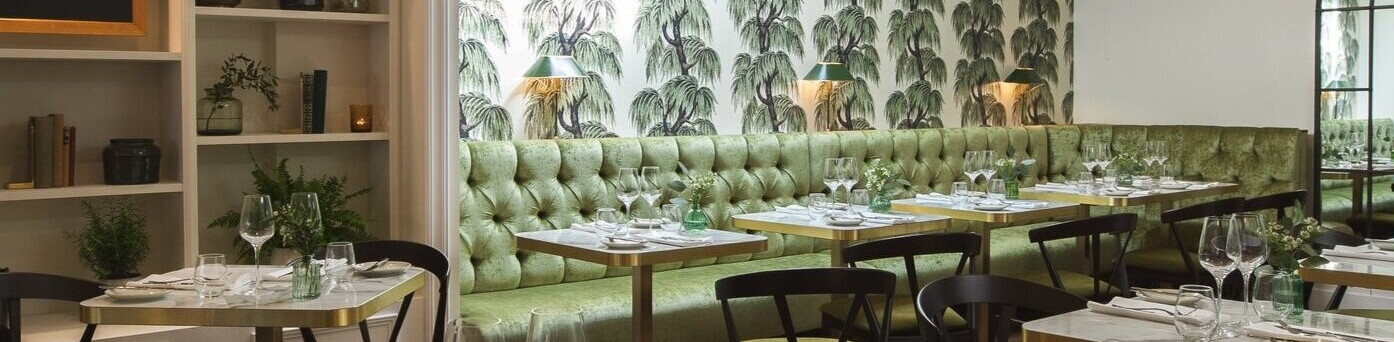 Restaurant seating area with ambient lighting