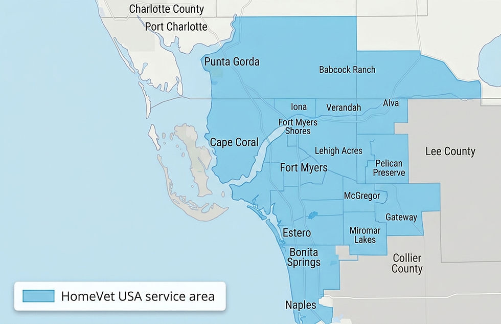Map showing HomeVet USA mobile vet service area from Punta Gorda to Naples, including Fort Myers, Cape Coral, and Lehigh Acres