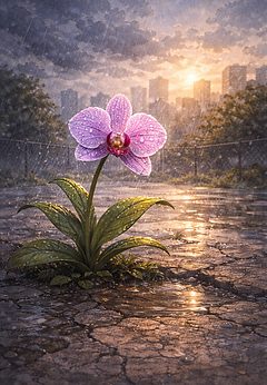 “Single flower growing through concrete on a bright day, symbolizing resilience and beauty in a harsh environment.”