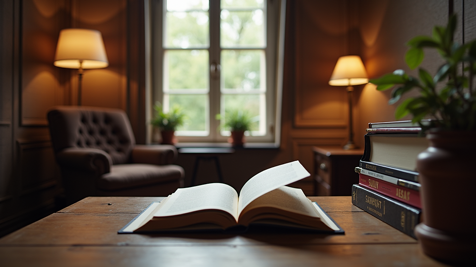 Eye-level view of a cozy reading nook with books and a comfortable chair