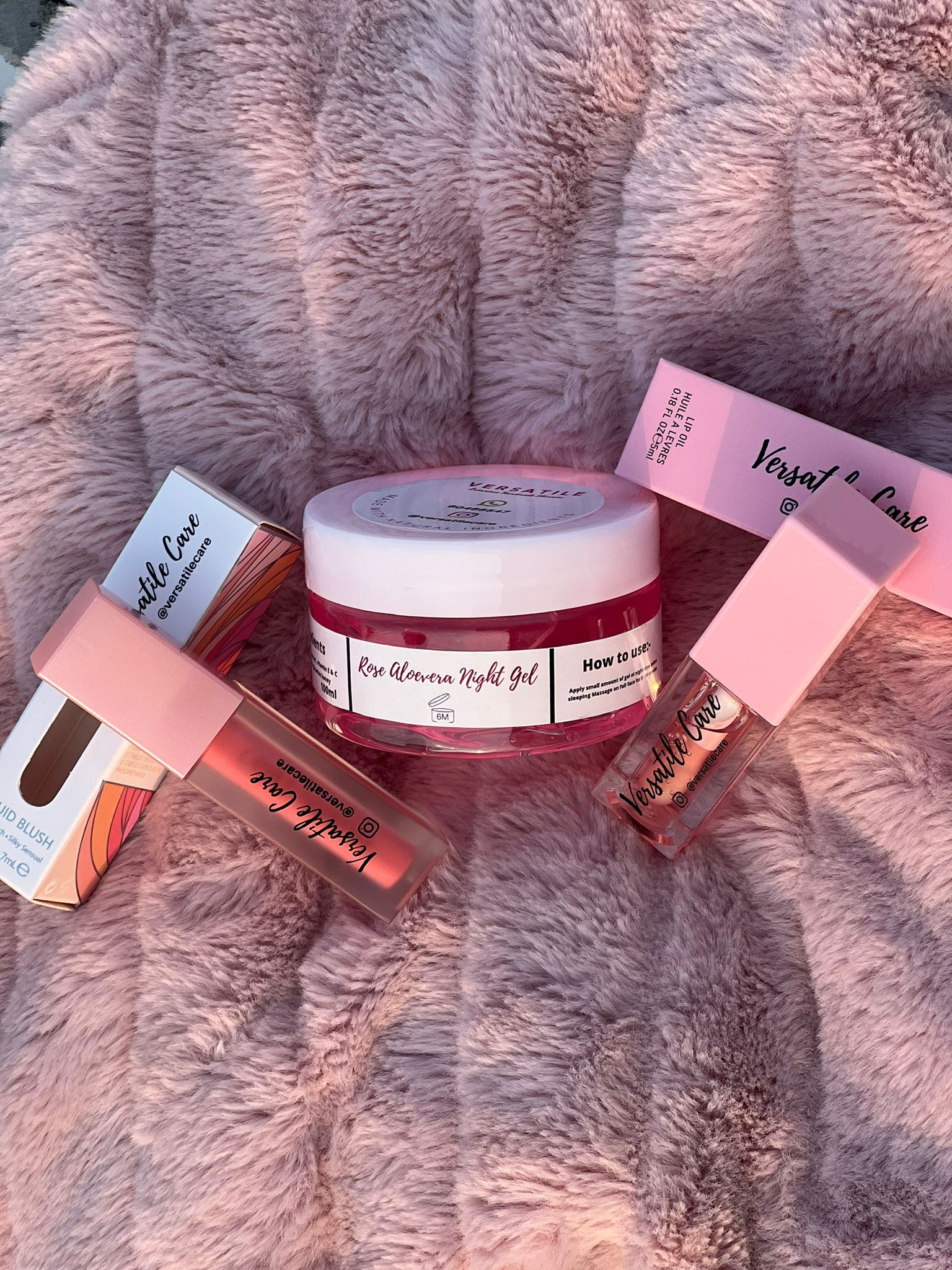 Set of rose aloe gel, Strawberry lip oil and Liquid blush