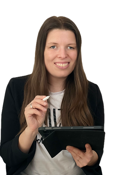 Foto von Franziska Heuermann. Lächelnd mit langen Haaren, Tablet und Stift in Händen.