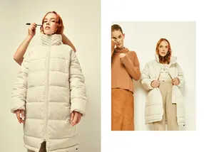 Fashion diptych showing a woman in a cream puffer coat having her makeup adjusted, and two women wearing camel and cream clothing.