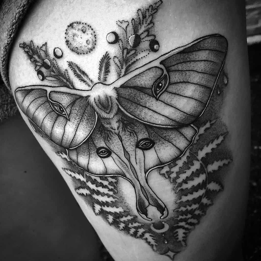 black and grey luna moth tattoo