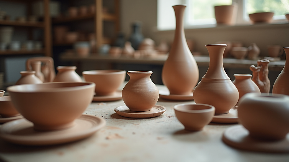 Eye-level view of a pottery studio filled with various ceramic pieces