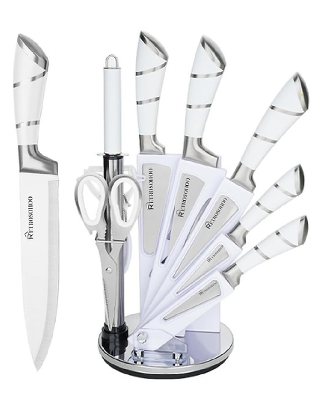 Kitchen Knife Set Retrosohoo 9-Piece White Sharp Non-Stick Coated Chef Knives Bl