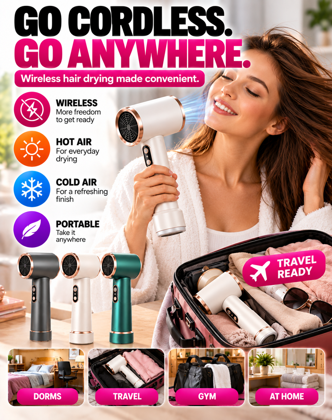 Portable High-Power Wireless Hair Dryer for Students