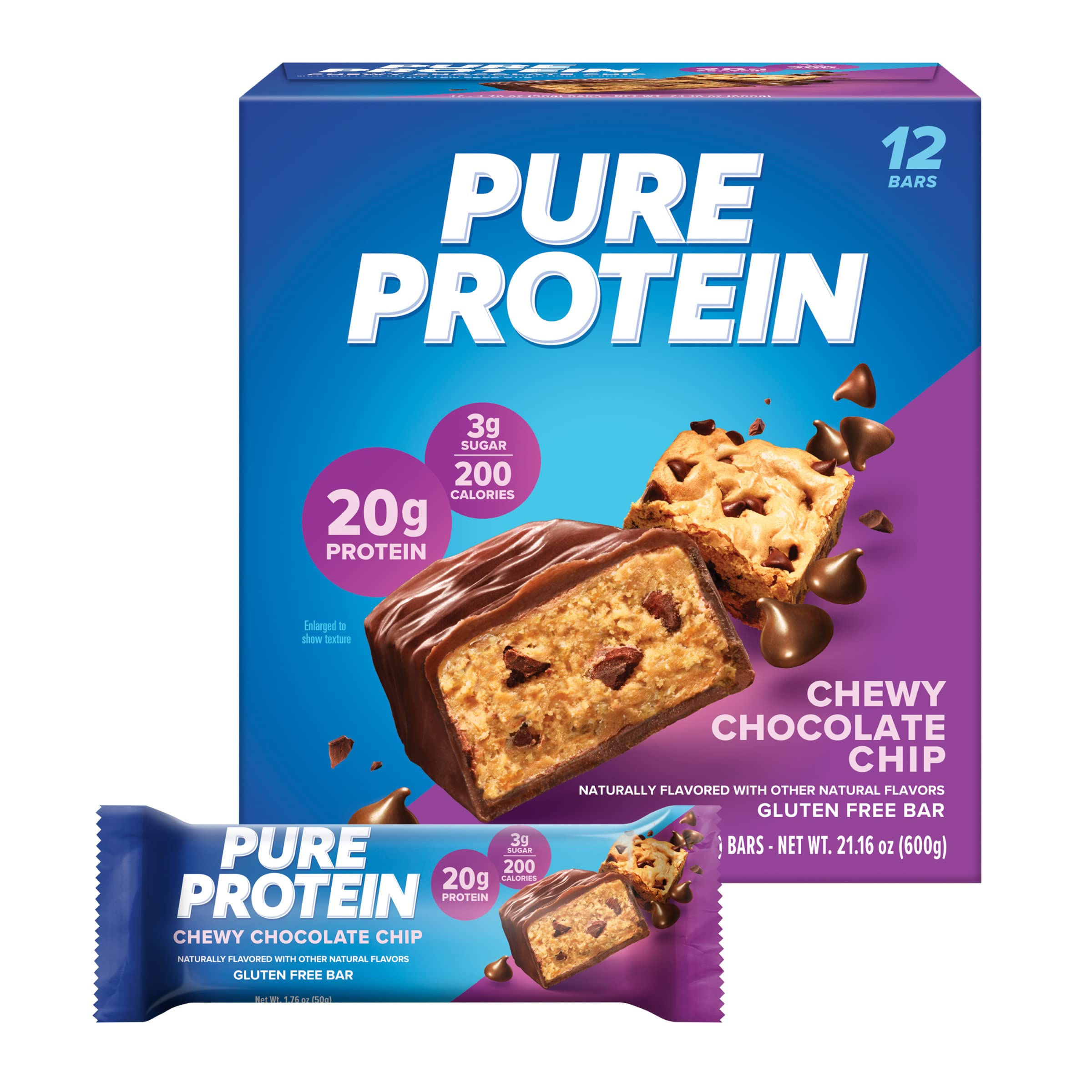 Pure Protein Energy Bars Low Sugar Chocolate Chip 12 Pack