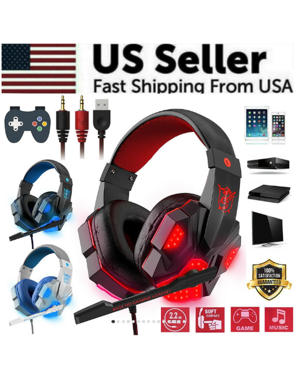 LED Stereo Gaming Headset for PC, PS4, Xbox