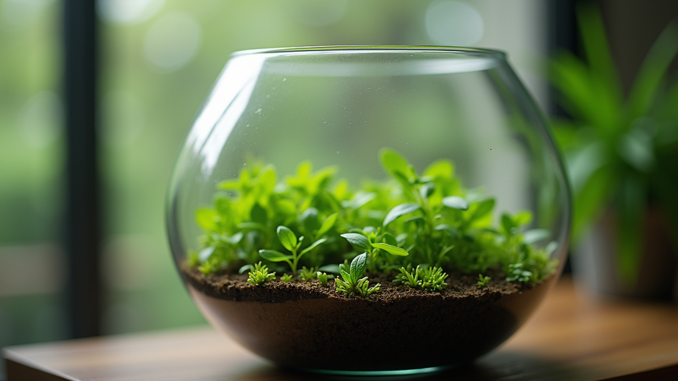 Close-up view of a glass terrarium with vibrant green plants