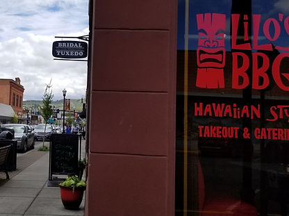 Lillo's Hawaiian BBQ Restaurant window, in The Dalles, OR.