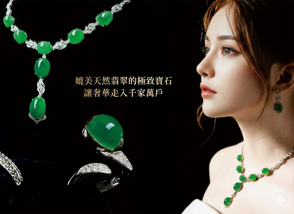 佩戴朗色林翠軒天然翡翠項鍊與耳環,搭配翡翠戒指展示高貴典雅