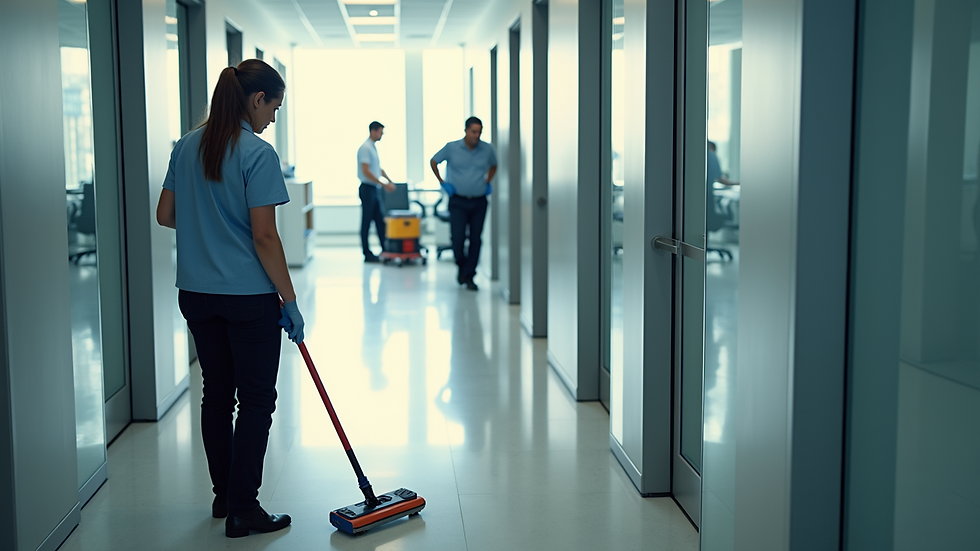 High angle view of a commercial cleaning team in an office