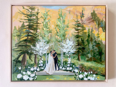Wedding painting as the couple shares their first kiss surrounded by fall mountains and beautiful florals.