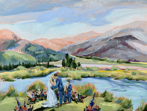 A painting of a couple sharing a first kiss with their son by their side. Green grasses, a blue river, and pink and purple mountains create the scenery around them
