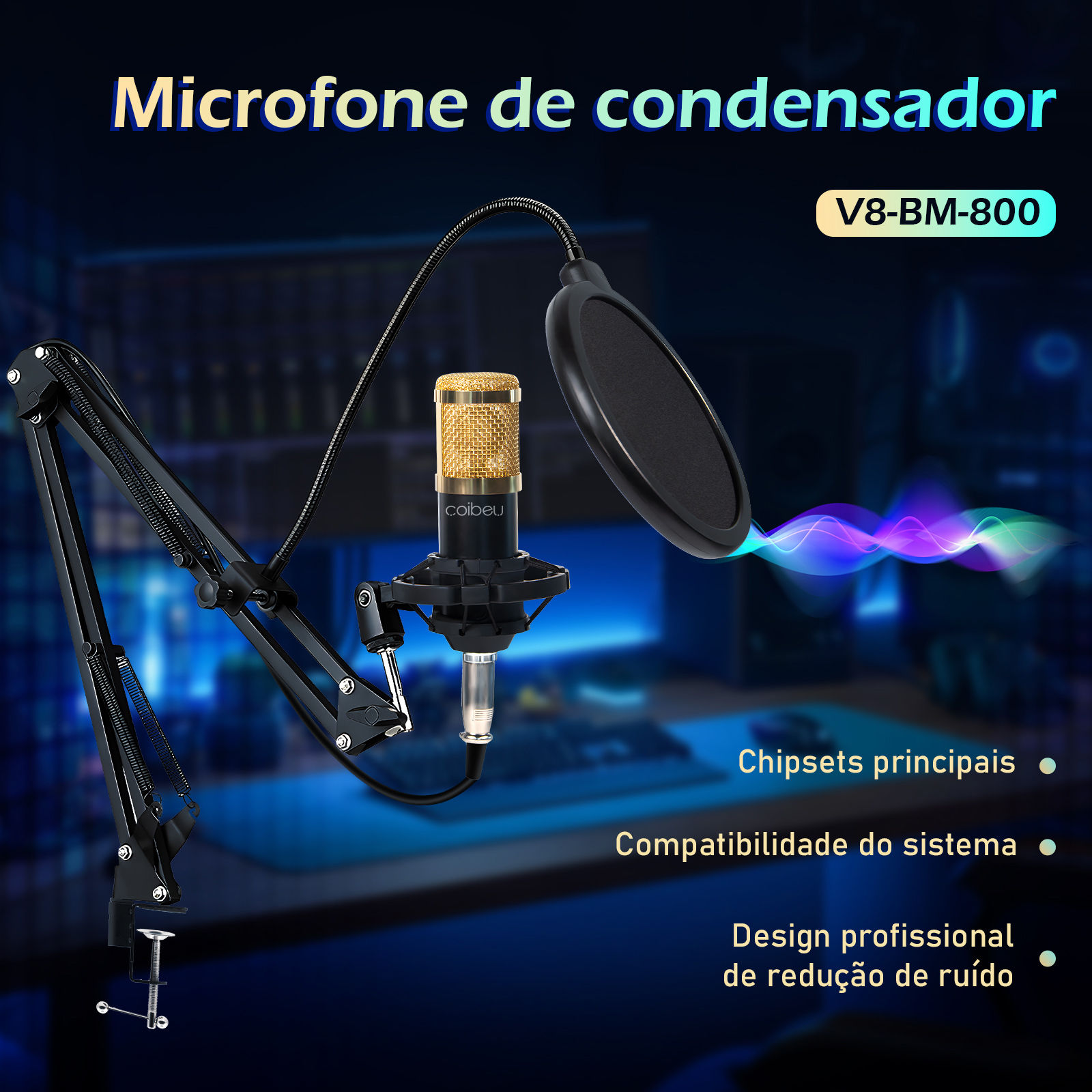 Microfone Condensador, Kit Microfone Condensador com Placa de Som e Braço Artic
