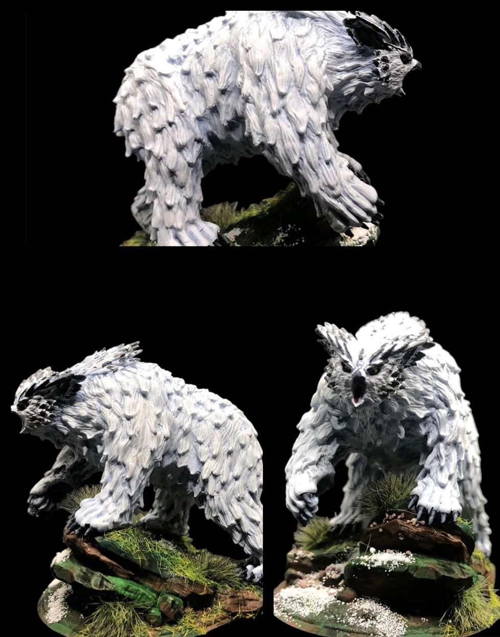 Different angle views featuring a painted miniature of a polar Owlbear.