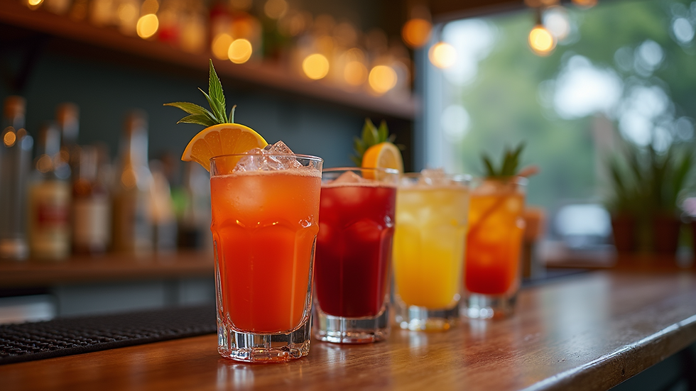 Eye-level view of a mobile bar setup with colorful cocktails