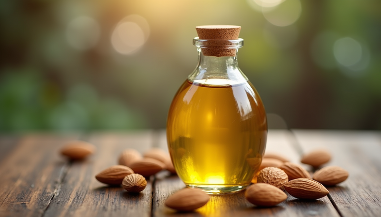 Close-up view of a glass bottle of sweet almond oil with almonds around it