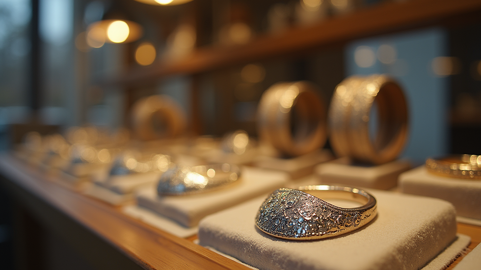 Eye-level view of artisan jewellery display with silver and gold pieces