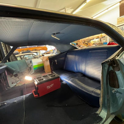 1969 Camaro Headliner & Back Seat inside car with no front seats