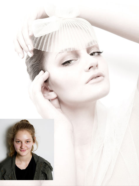 Fashion model photoshoot headshot of blonde woman holding hands to face wearing white fascinator and white tulle dress by modelling photographers Alise Black Studios