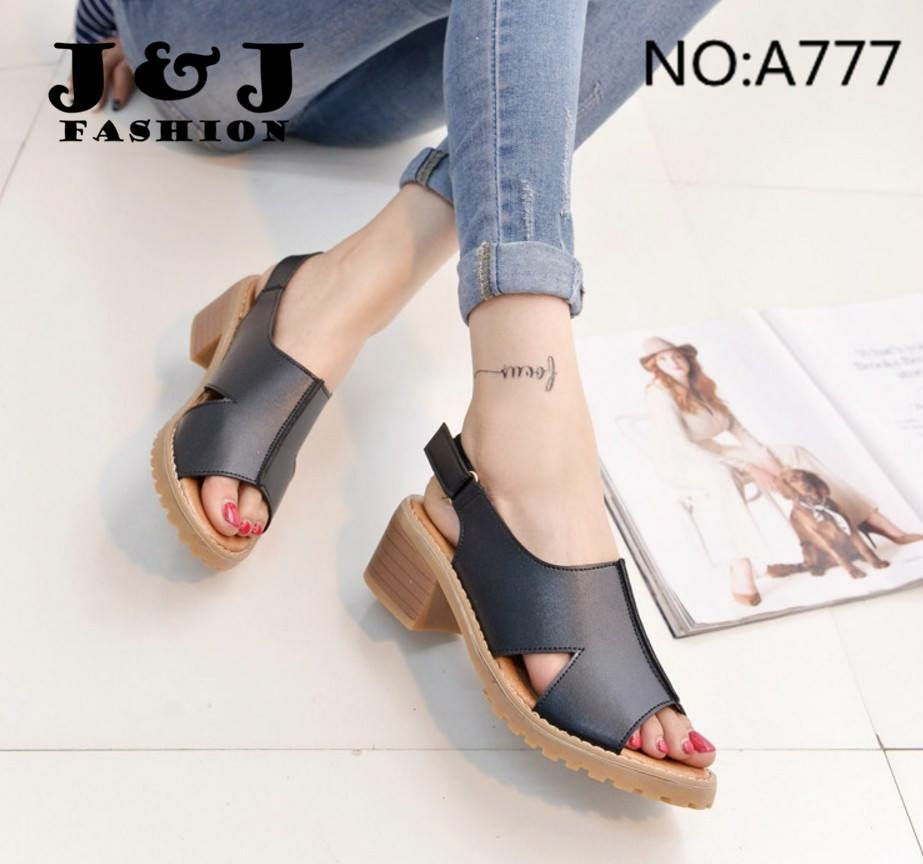 Thumbnail: Black leather sandals with velcro straps