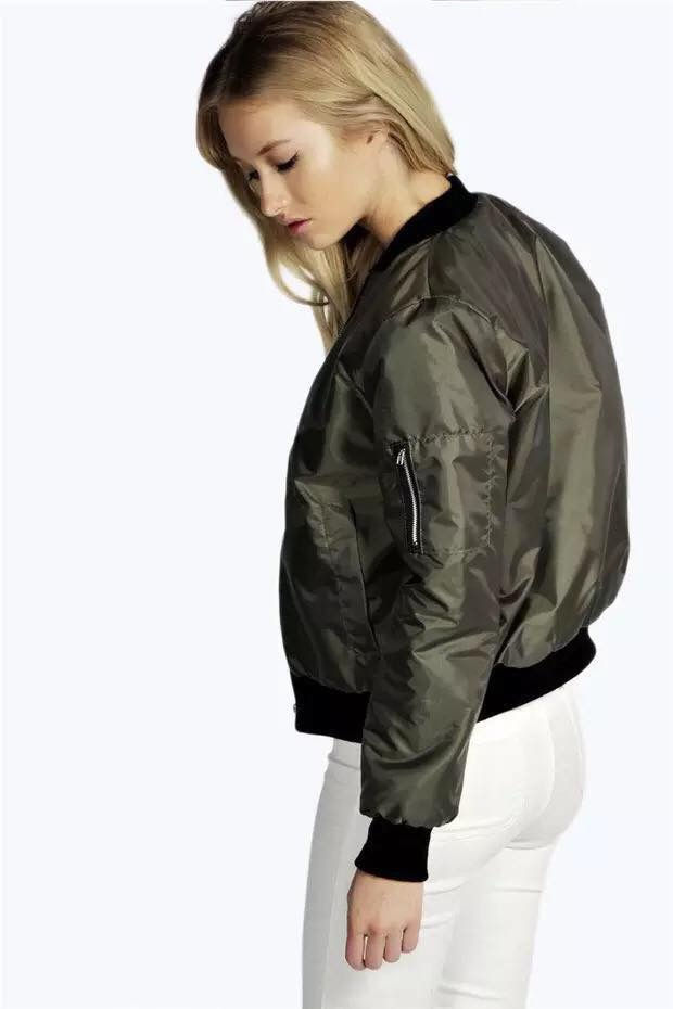 Thumbnail: Cool Black Army Green Classic Bomber Jacket Women 