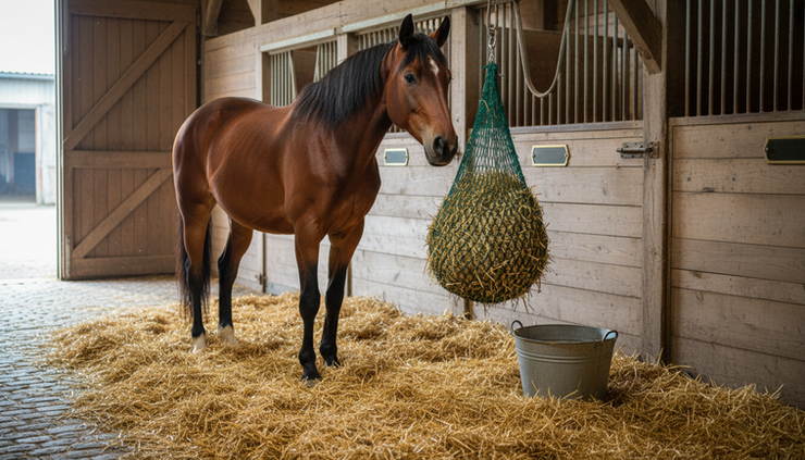 Eye-level view of a calm bay horse standing in a clean stable aisle