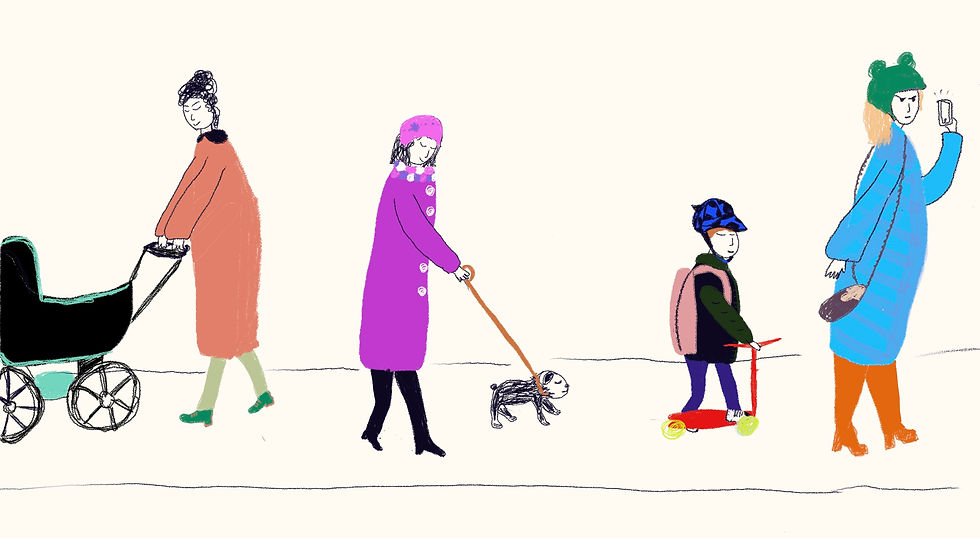 A drawing of people one with the dog, one with the buggy, one with an older child
