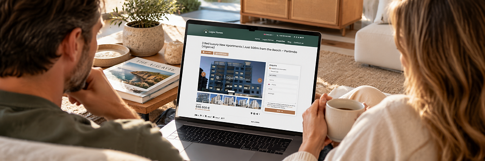 Couple exploring Algarve properties with Lagos Homes, a real estate agency helping international buyers find and purchase homes in Portugal, featured in the blog “F1 Portugal 2027: What It Means for Algarve Property Buyers.”