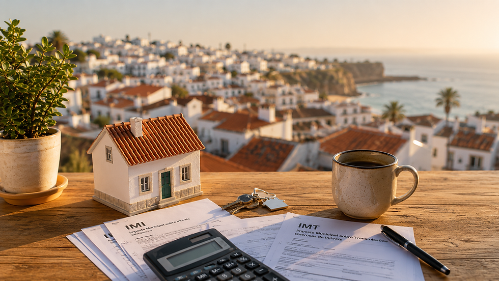 Portugiesische Immobiliensteuerunterlagen, Hausschlüssel, Taschenrechner und ein kleines Hausmodell auf einer Terrasse bei goldenem Licht mit Blick auf eine Küstenstadt an der Algarve, Portugal Property Tax Update 2026: A Guide for International Investors by your trusted agent Benjamin Seide from Lagos Homes.