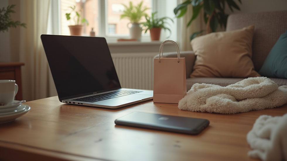 Eye-level view of a cozy home setting with a laptop and shopping items