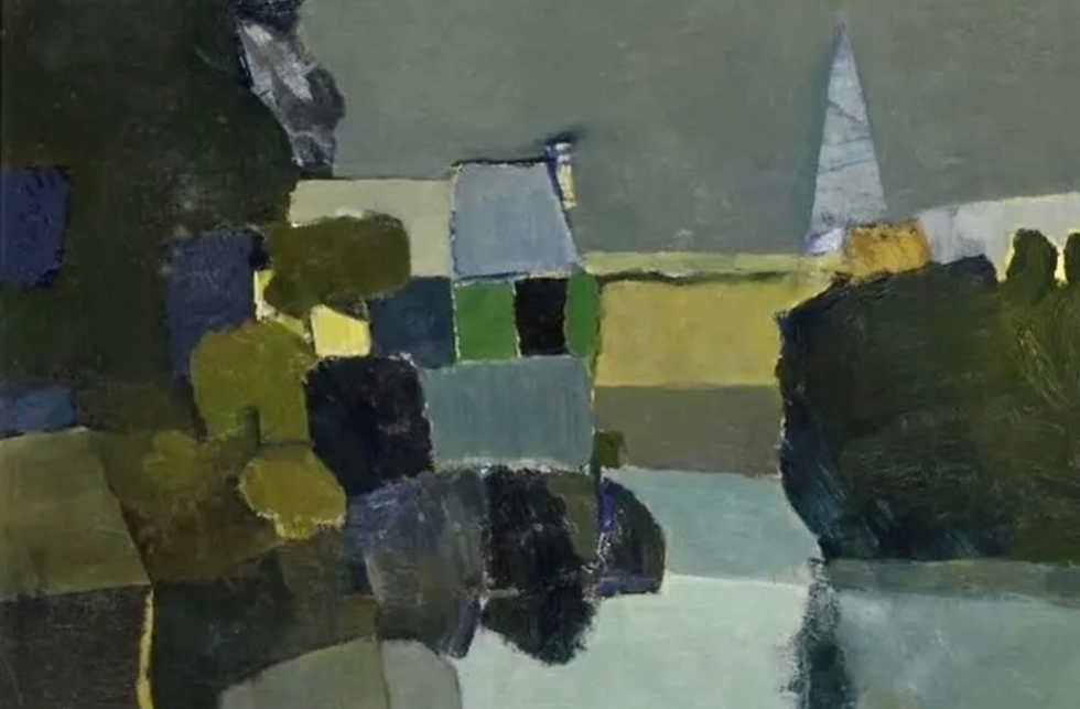Abstract landscape painting by Keith Vaughan in shades of green