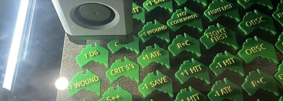 Custom designed "Team Austalia" Age of Sigmar Tokens printed in green and yellow on FDM. 