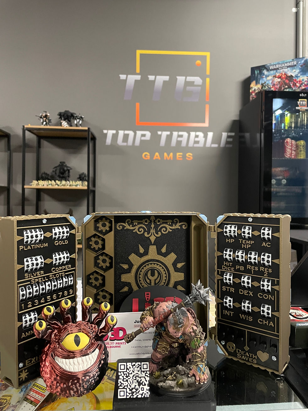 Small display of Useful 3D Print's goods at Top Table Games Williams Landing