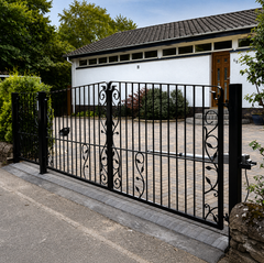 Black decorative electric driveway gates in London with wrought iron scrollwork for a secure residential entrance.

