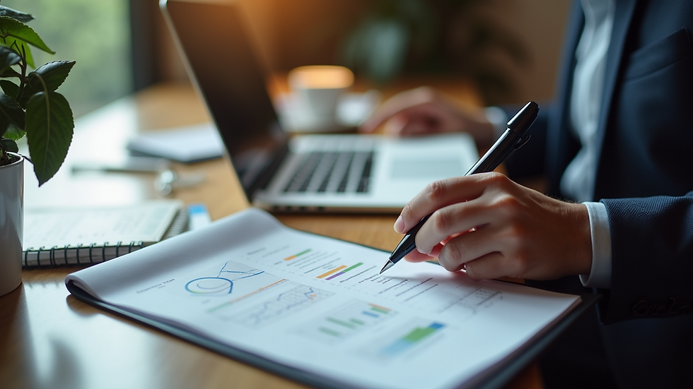 High angle view of a corporate event planner reviewing documents and laptop