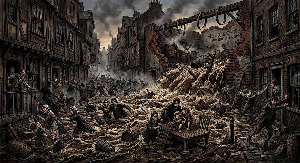 The London Beer Flood, 17 October 1814, reimagined by AI.