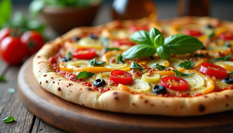 Eye-level view of a plate with low carb cauliflower pizza topped with fresh vegetables