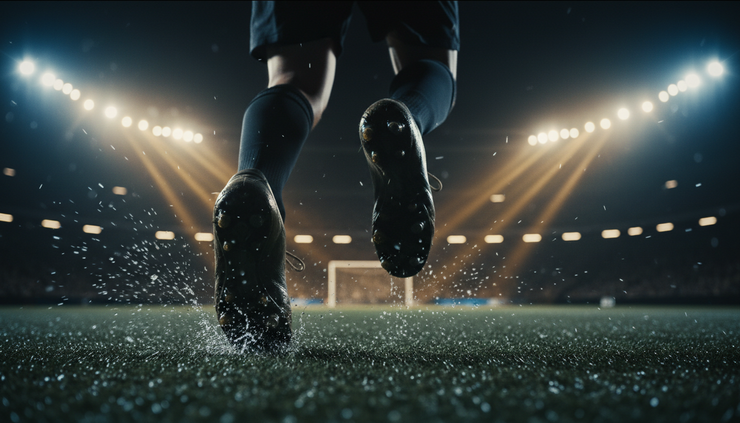 Low-angle view of football boots sprinting across wet grass